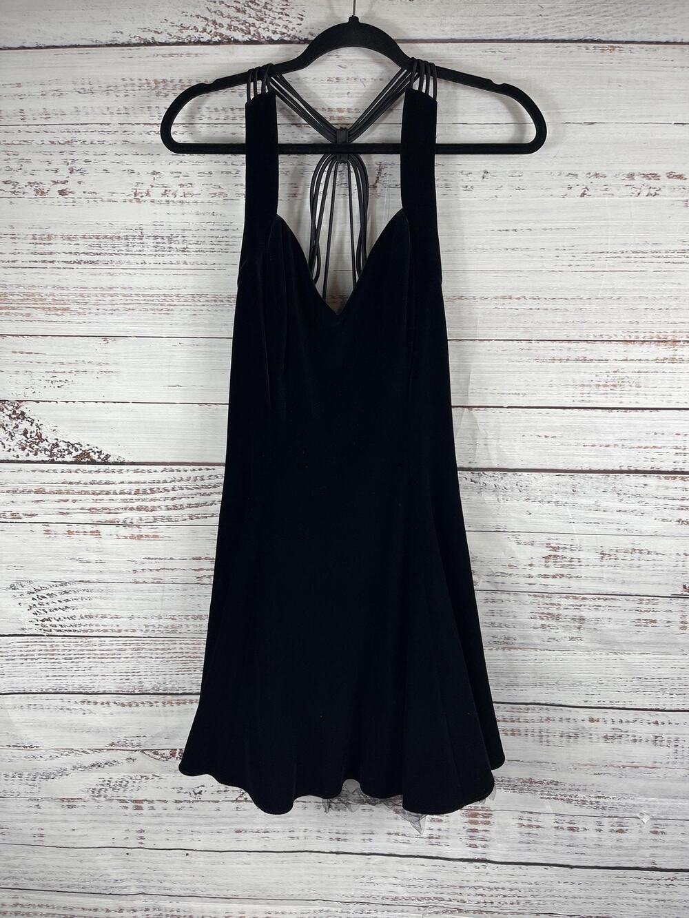 Betsy & Adam Dress Women's SZ S Black Velvet Halter Mini Rhinestone Strap Party